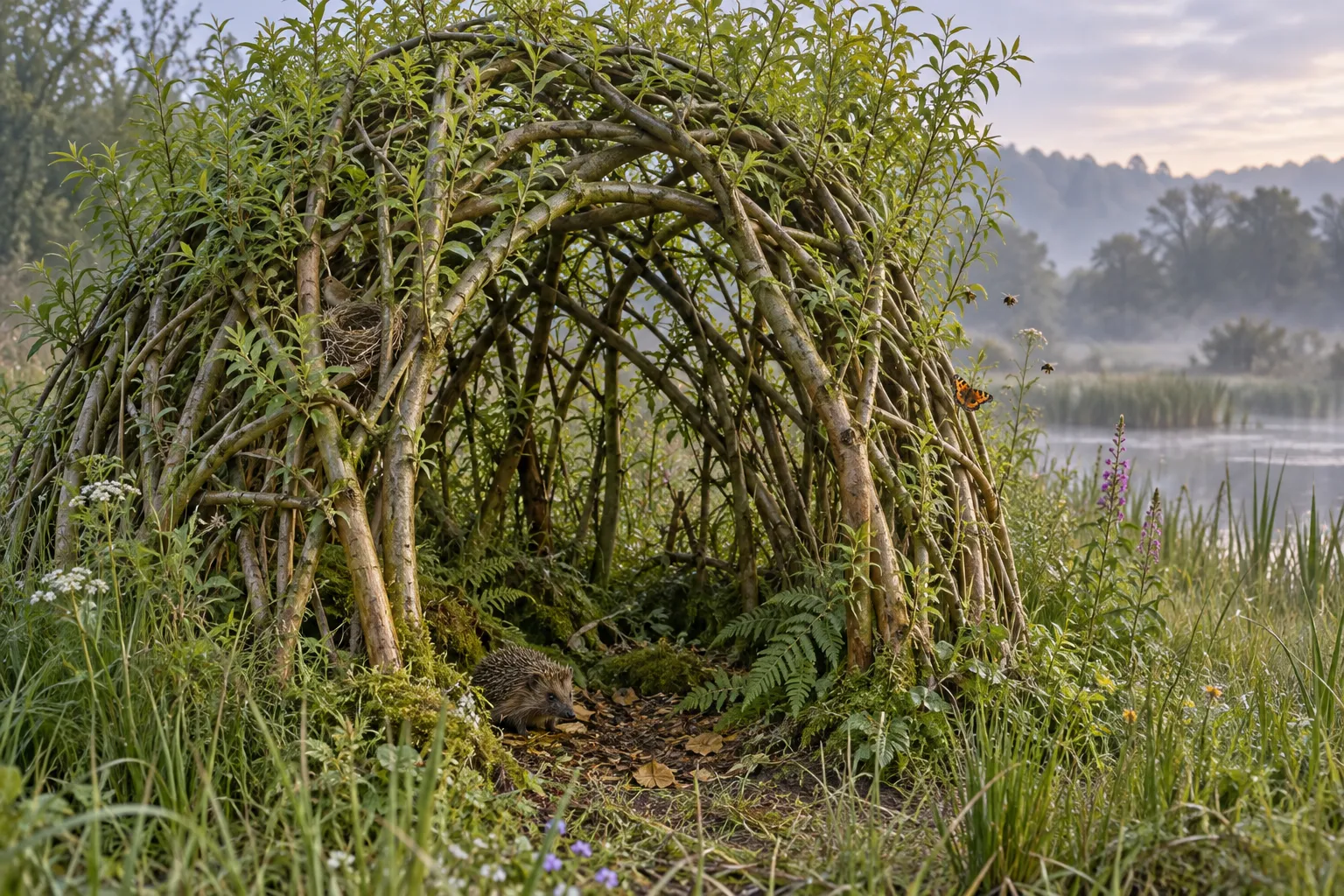 Concept image: young willow trees woven into a living arched shelter at the edge of a misty wetland, with a bird's nest in the branches, a hedgehog at the entrance, and ferns and moss at the base.